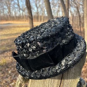 Vintage black Jackie Kennedy pillbox woven raffia hat with black velvet bow